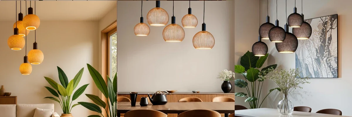 Drei SEGULA Floating Leuchtmittel – Bamboo, Filo und Cage – nebeneinander als LED-Modelle im Querformat präsentiert.