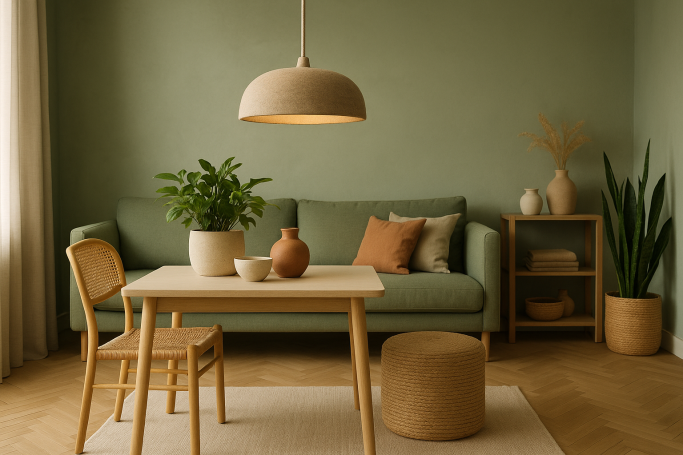 Helles Wohnzimmer mit grünen Wänden, Sofa, Esstisch und Pflanzen.
