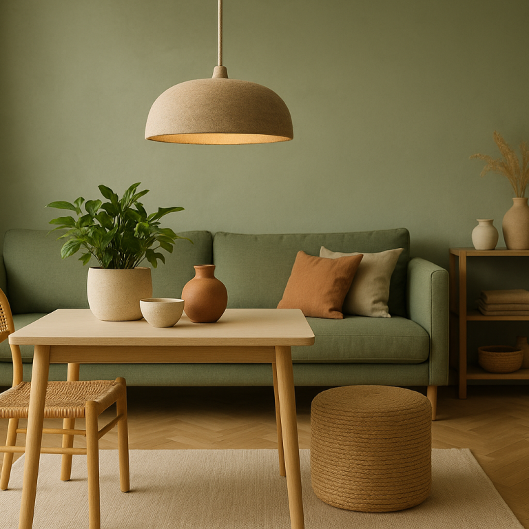 Gemütliches Interieur mit grünem Wandfarbton, Sofa, Tisch, Pflanzen und dekorativen Objekten.
