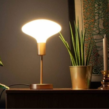 Stehlampe mit warmem Licht neben einer grünen Pflanze in einem Topf.