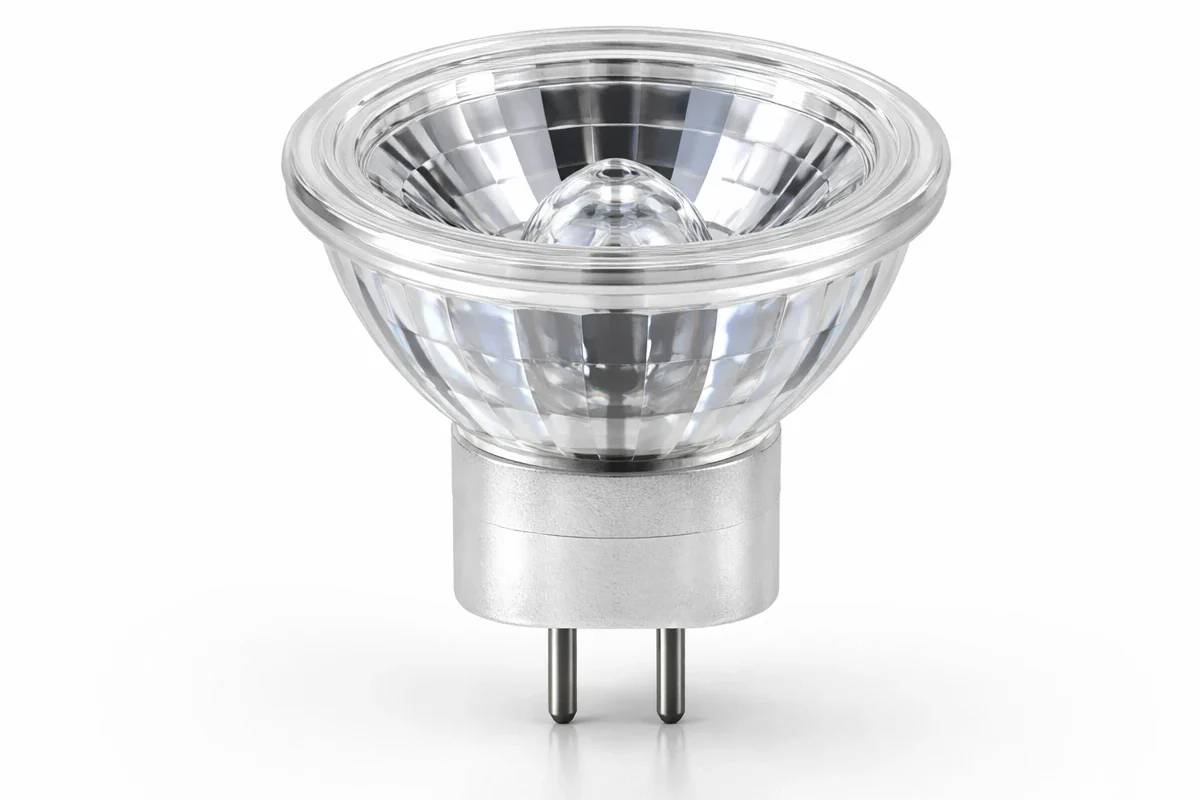 Makroaufnahme eines MR8 LED-Spots mit GU4 Sockel und zwei Pins auf hellem Studiohintergrund.