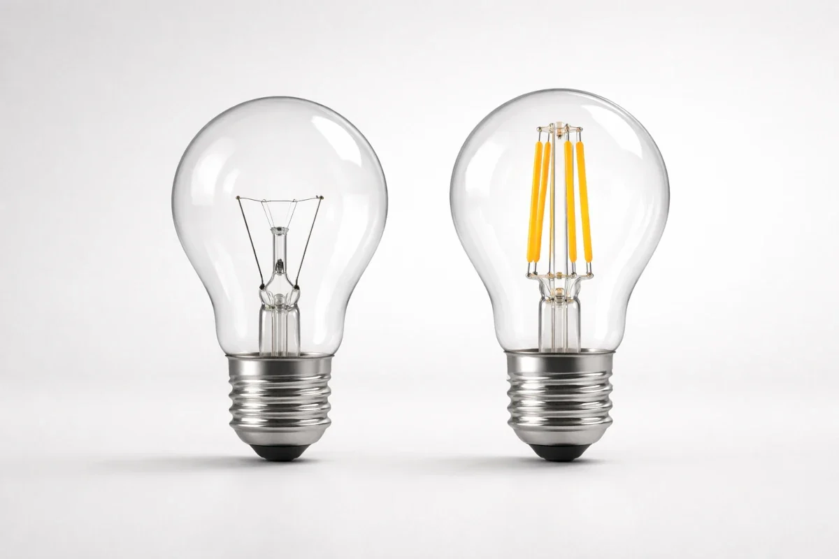 LED Retrofit erklärt: Alte Halogen- oder HQL-Lampen einfach durch LED ersetzen. Vergleich zwischen klassischer Halogenlampe und moderner LED-Retrofit-Lampe mit gleichem Schraubsockel.