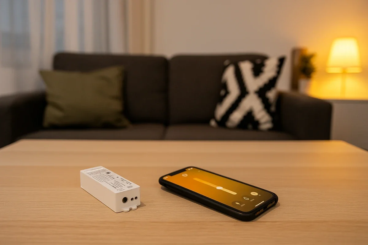 Zigbee 230 V Controller mit LED-Leuchte, Installation an Wanddose, App-Steuerung sichtbar auf Smartphone