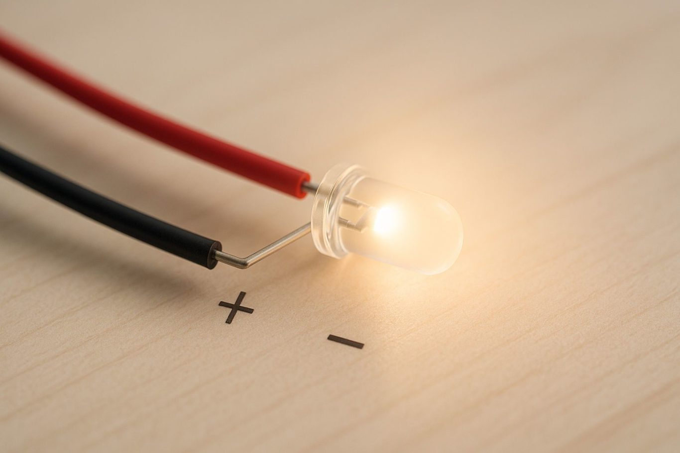 LED mit Plus und Minus Anschluss zur Erklärung der Polarität bei Niedervolt LEDs