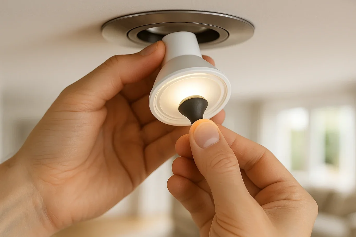 GU10-LED-Spot Wechsel – eine Hand hält die Lampe, die andere presst den Sauger auf die Frontscheibe, neutralweiß | DELiver-light