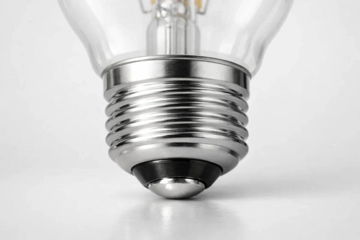 Nahaufnahme eines E27 LED-Leuchtmittels mit deutlich sichtbarem 27 mm Schraubsockel auf hellem Studiohintergrund.