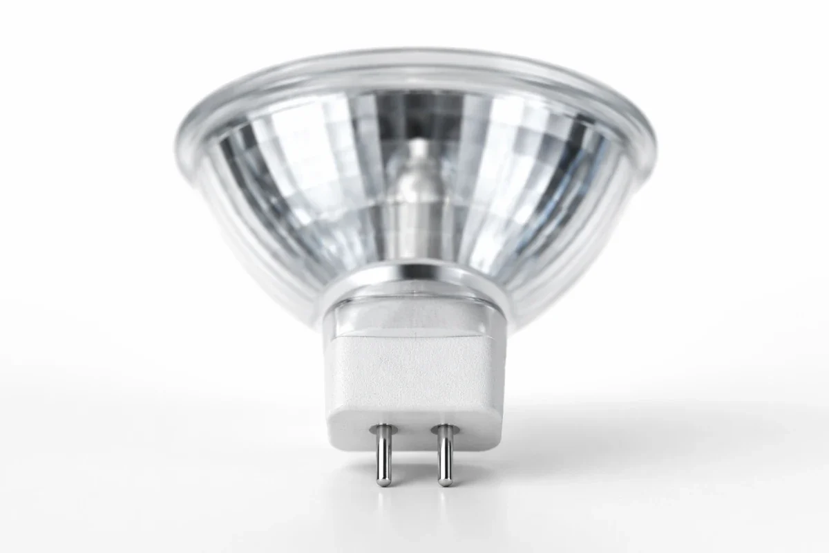 Makroaufnahme eines MR16 LED-Spots mit GU5.3 Sockel und zwei Pins auf hellem Studiohintergrund.