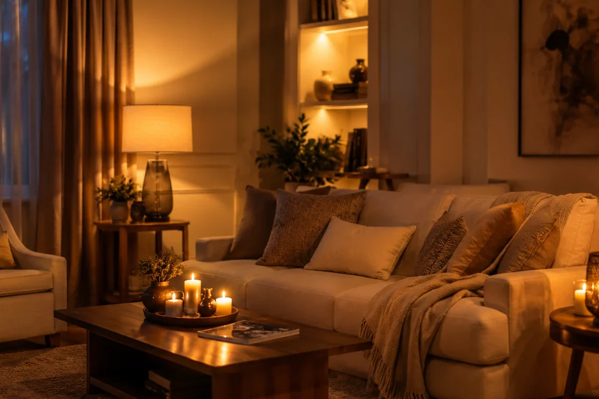 Gemütliches Wohnzimmer mit warmweißer LED-Beleuchtung und angenehmer Wohnatmosphäre
