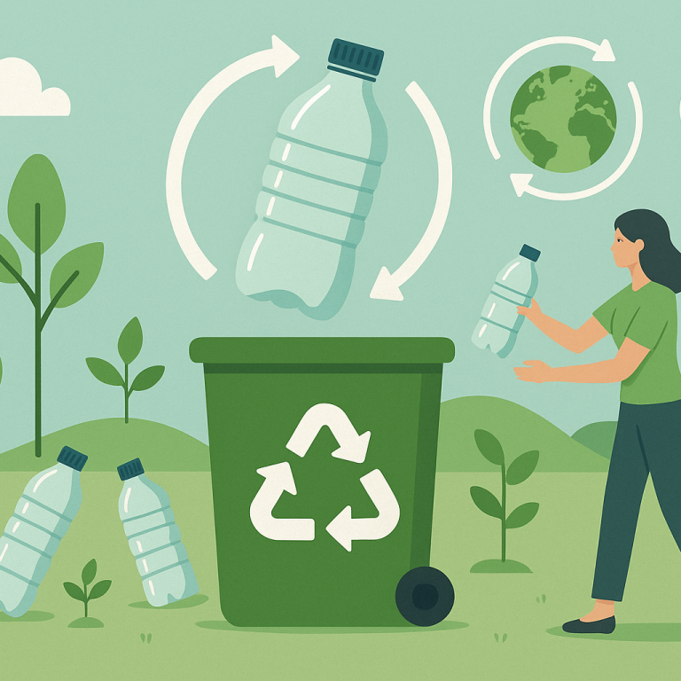 Frau wirft Plastikflasche in Recyclingbehälter, umgeben von Pflanzen und der Erde.