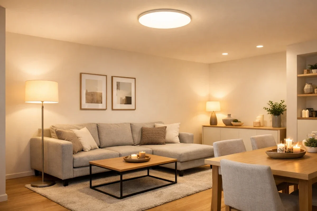 Passende LED-Helligkeit und Lumen pro Raum einfach auswählen Wohnzimmer mit LED-Beleuchtung zur Erklärung der passenden Lumen-Helligkeit pro Raum