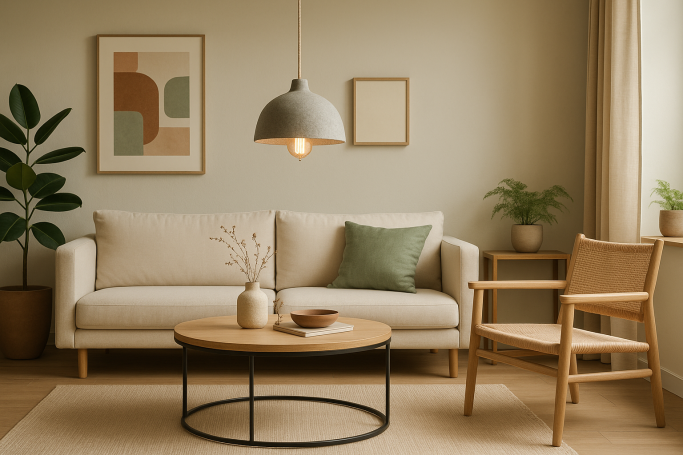 Helles Wohnzimmer mit Sofa, Holztisch, Stuhl und Pflanzen. Minimalistische Dekoration.