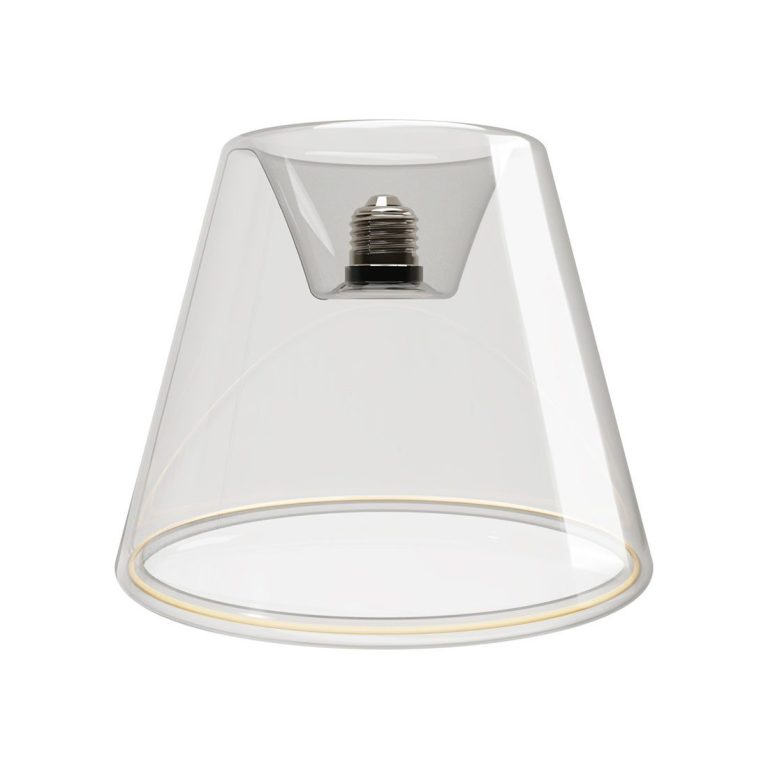 Transparente LED mit einem E27-Sockel über der offenen Unterseite.
