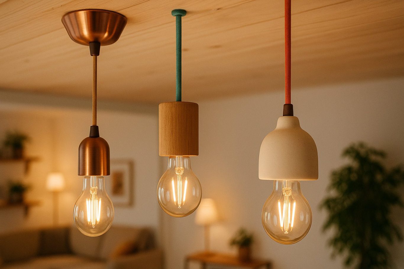 Verschiedene Lampenbaldachine aus Holz, Metall und Keramik mit Textilkabeln – Auswahl-Guide für DIY Beleuchtung