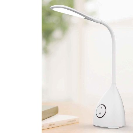 Moderne, weiße Schreibtischlampe mit flexiblem Arm und einem runden Schalter.