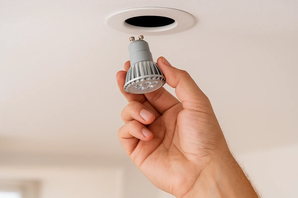 GU10 LED wird in Deckenspot eingesetzt und gedreht