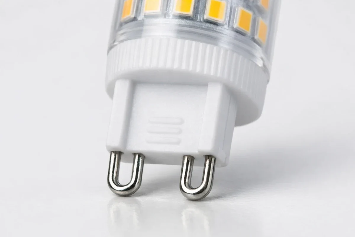 Nahaufnahme eines G9 LED-Leuchtmittels mit deutlich sichtbaren U-förmigen Kontaktpins im Abstand von 9 mm.