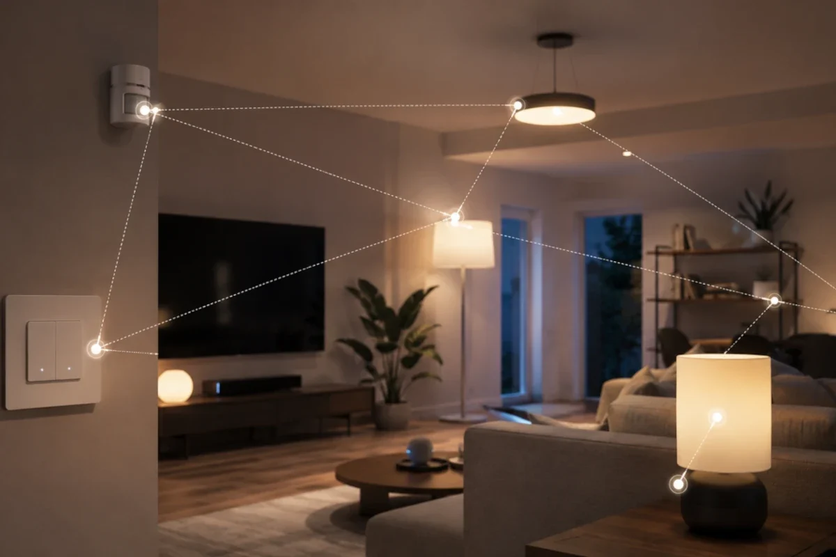 ZigBee Smart Home einfach erklärt – Beleuchtung per Funk vernetzen ZigBee Smart Home Beleuchtung mit vernetzten Lampen und Funksteuerung im Wohnzimmer