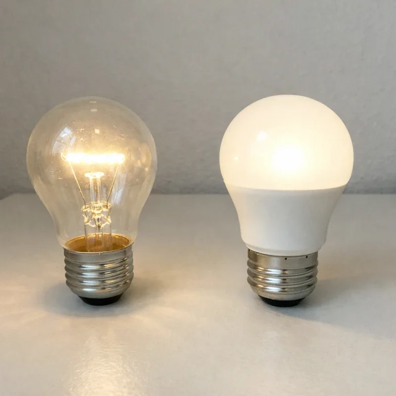 Lumen statt Watt: Helligkeit bei LED richtig vergleichen. Glühlampe und LED-Lampe nebeneinander mit gleicher Helligkeit auf neutralem Hintergrund.