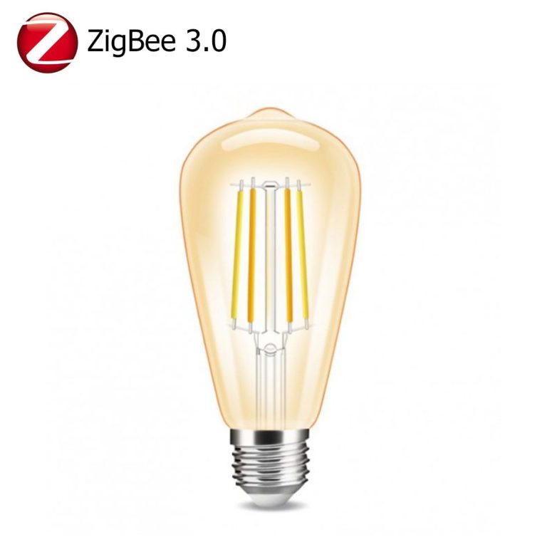 Energiesparende ZigBee 3.0 Glühbirne mit leicht gelbem Licht.