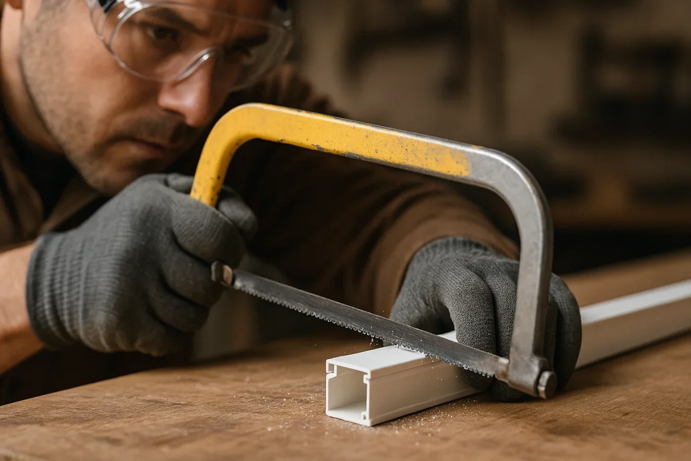 Kabelkanäle mit passendem Werkzeug sauber und gerade schneiden Kabelkanal wird mit einer Metallsäge sauber zugeschnitten
