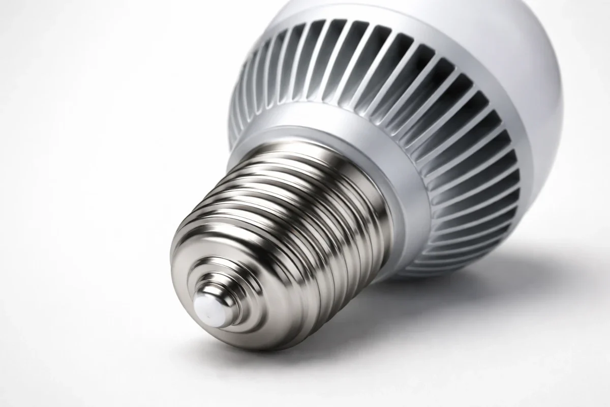 Nahaufnahme eines großen E40 LED-Leuchtmittels mit deutlich sichtbarem 40 mm Schraubsockel auf hellem Studiohintergrund.