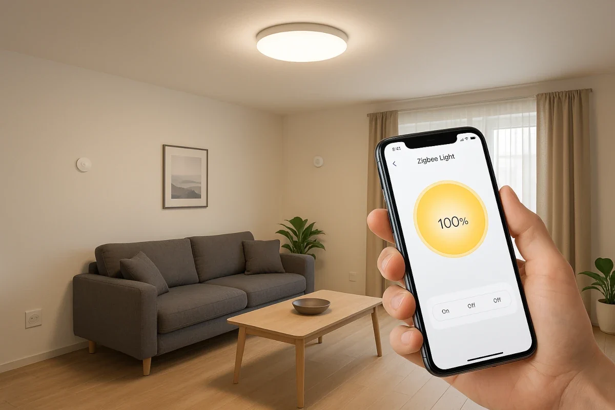 Zigbee Produkte im modernen Wohnzimmer: Deckenleuchte, Steckdose, Bewegungsmelder und Smartphone-App auf Tisch