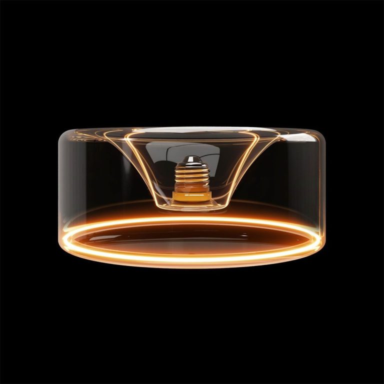 Eine transparente, runde LED mit orangefarbener Beleuchtung und zentraler Schraube.