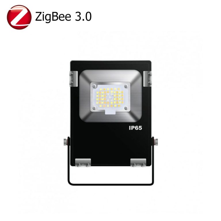 Schwarze LED-Flutlichter mit ZigBee 3.0, IP66, rechteckiger Form.