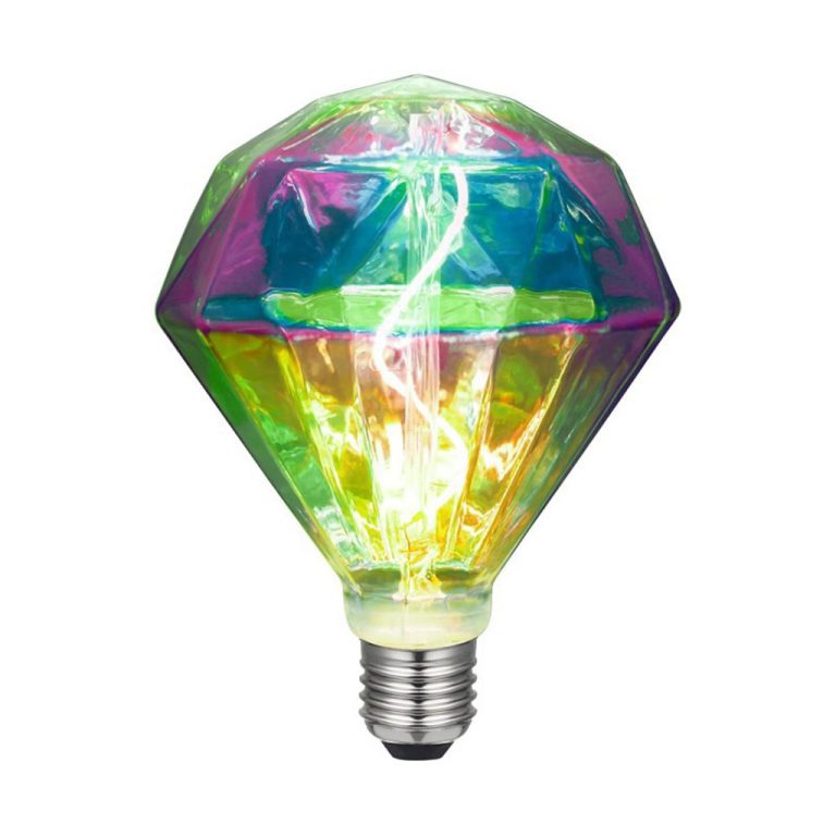 Bunte Glühbirne in Diamantform mit leuchtenden, farbigen Effekten.