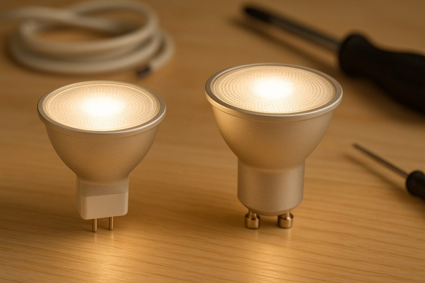 GU5.3 und GU10 LED-Spots nebeneinander auf Holzoberfläche – Unterschiede der Sockel im Vergleich erklärt