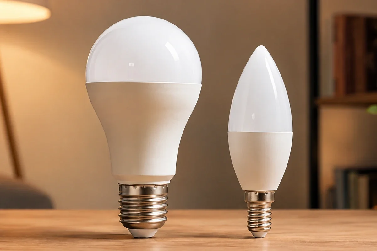 E27 und E14 LED-Lampen im direkten Vergleich auf einem Tisch