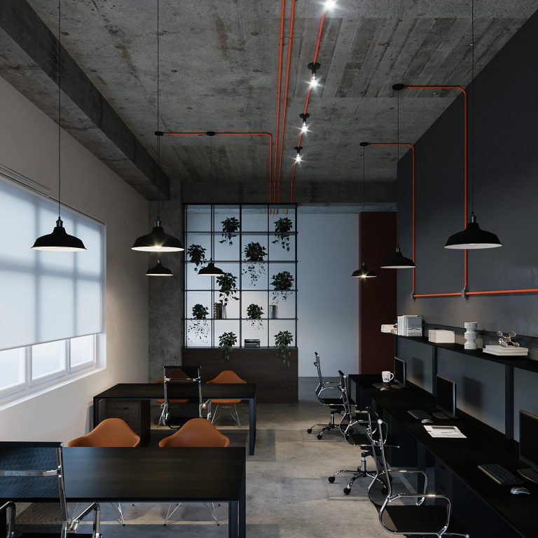 Moderne Büroumgebung mit industrialischem Design, Pflanzen und stilvollen Lampen.