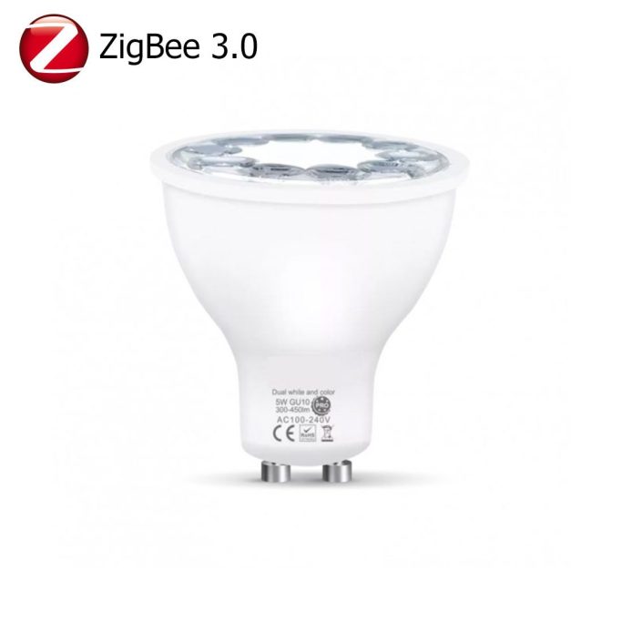 ZigBee 3.0 LED-Lampe im GU10-Sockel, weißes Gehäuse.