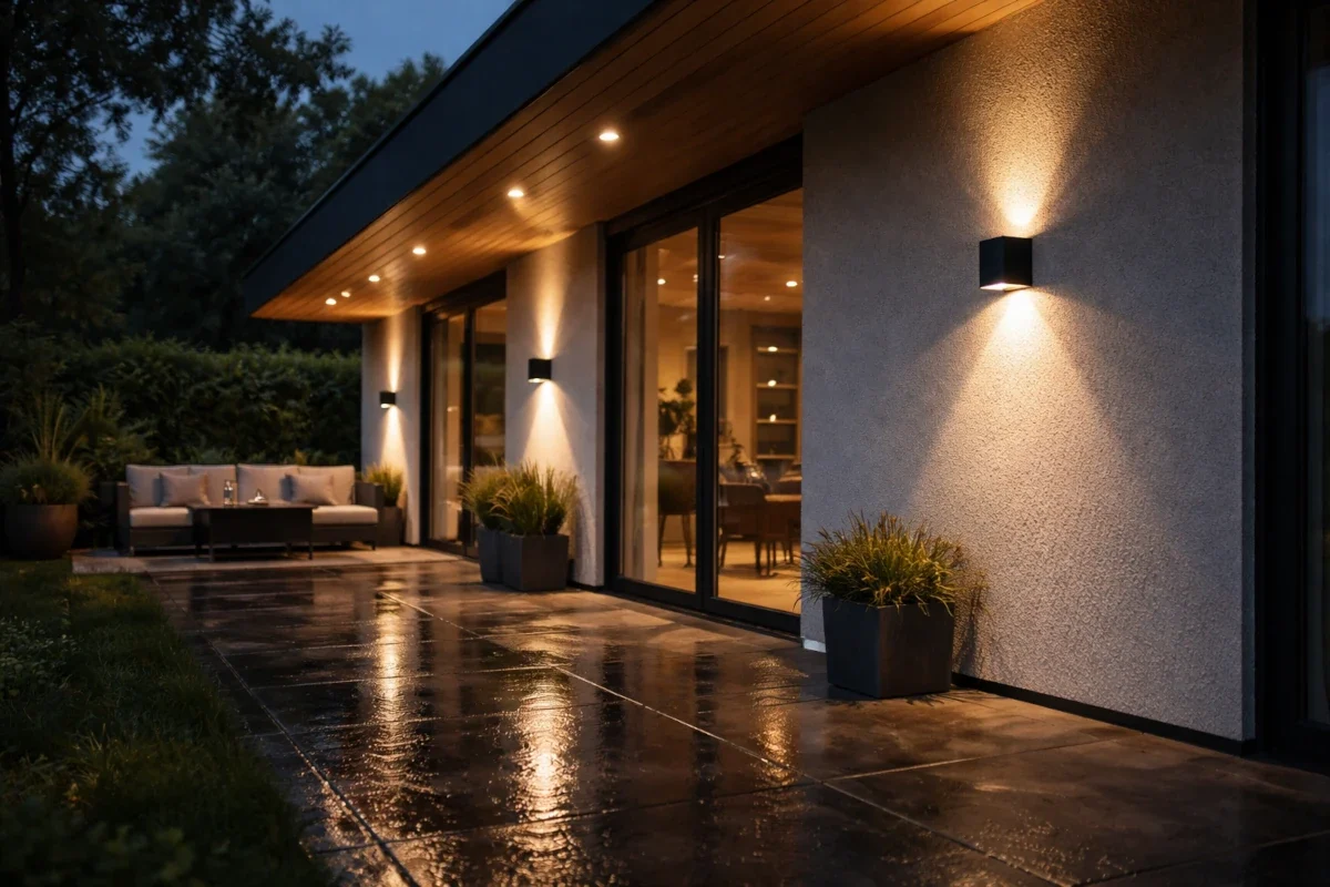 LED-Außenleuchte an Hauswand mit warmweißem Licht in Abenddämmerung.