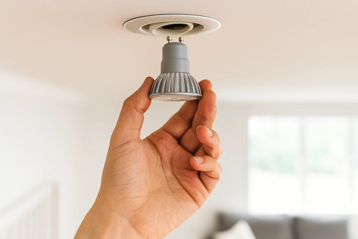 Hand dreht GU10 Lampe aus Deckenfassung, Wechsel auf LED Spot