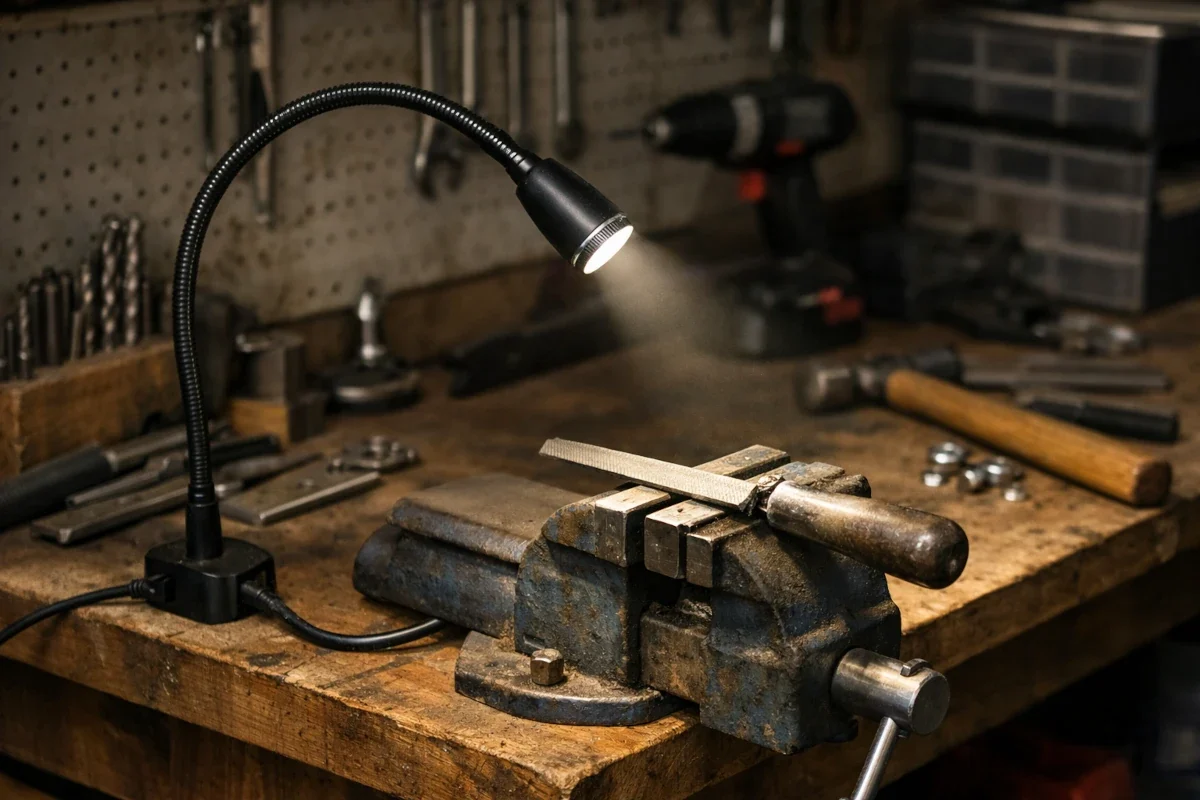 LED-Schwanenhalsleuchte mit flexiblem Arm an einer Werkbank montiert