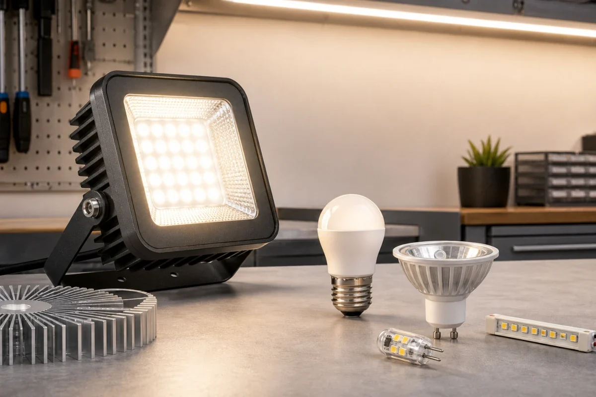 LED Fluter, LED Leuchtmittel und Kühlkörper auf Werkbank