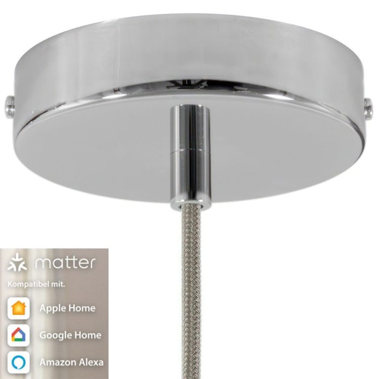 Zylindrischer, silberner Lampenbaldachin mit transparentem Kabel und Smart-Home-Symbolen.
