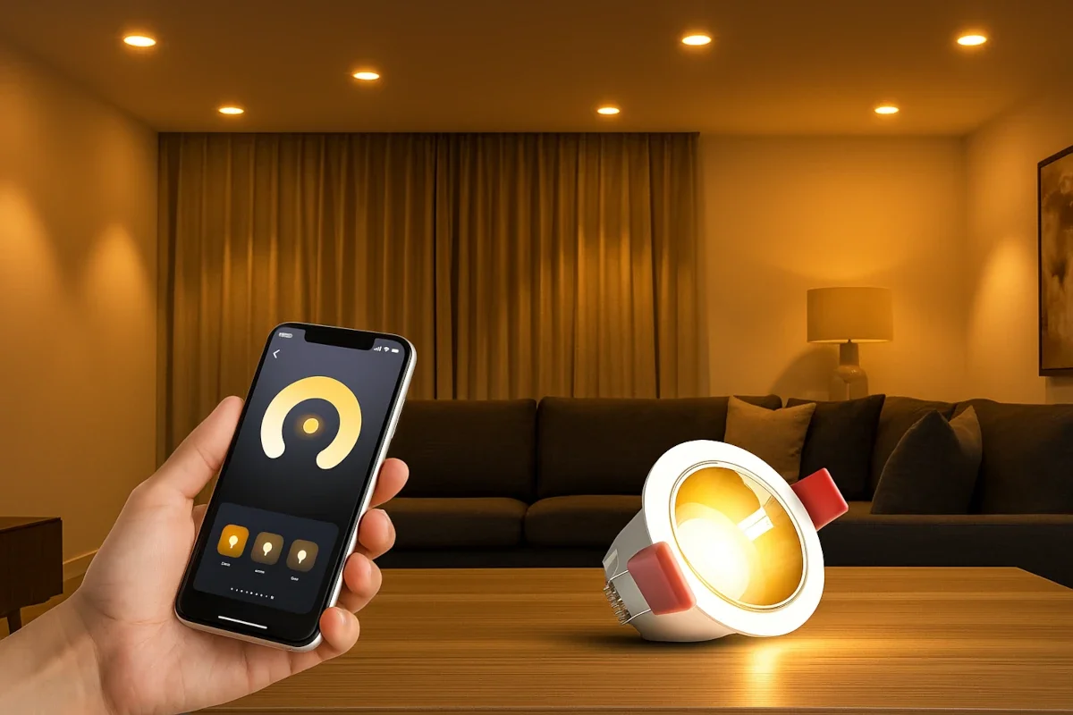 Zigbee LED-Deckenleuchte in modernem Wohnzimmer, App-Steuerung auf Smartphone sichtbar