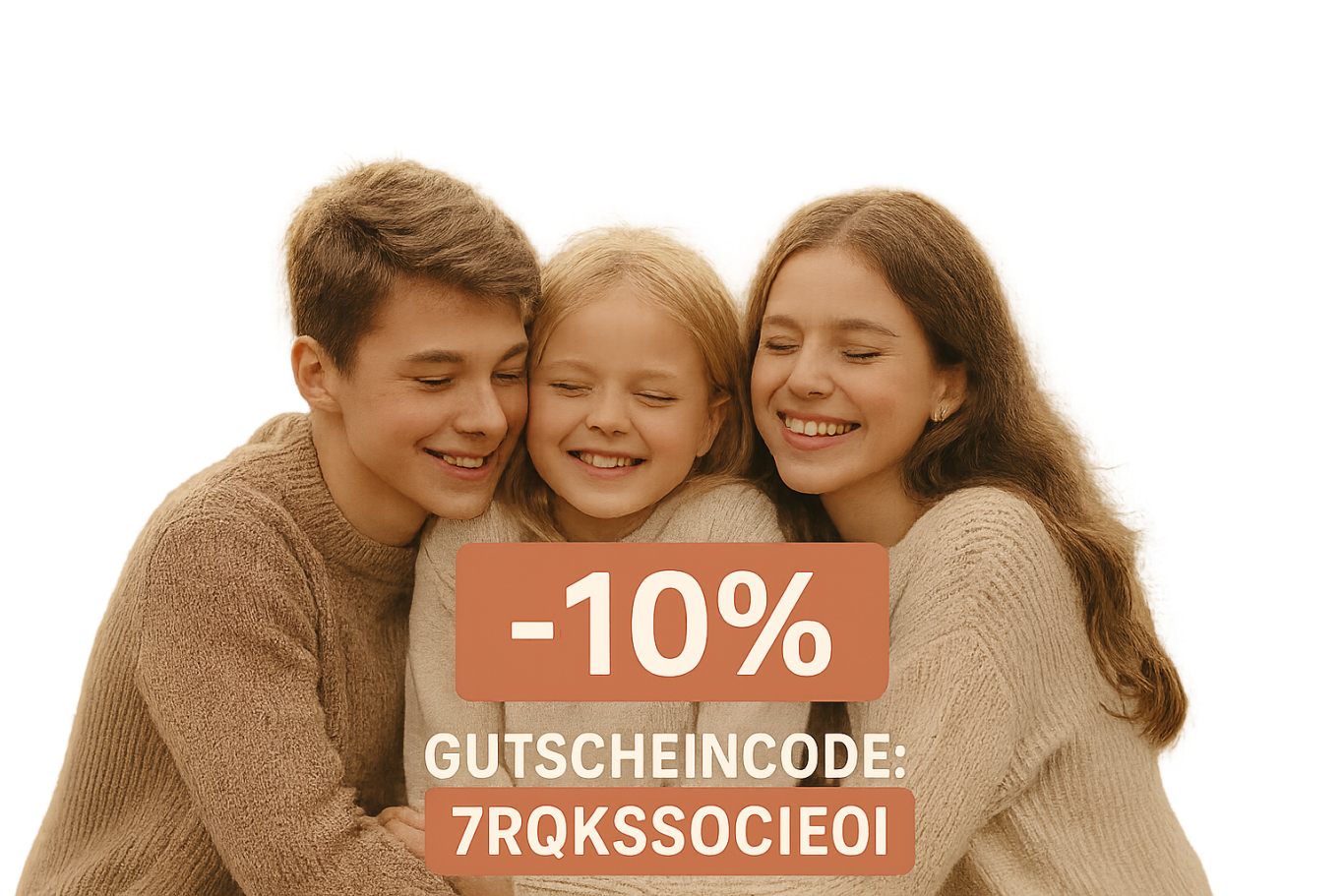 Drei Personen lachen glücklich zusammen, mit einem Rabattcode in der Mitte.