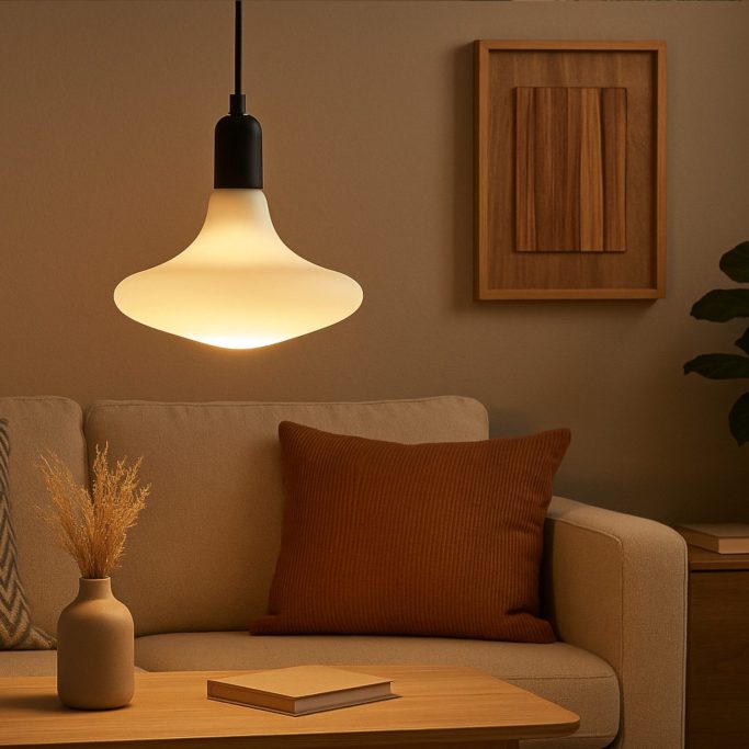 Modern Lampe über einem gemütlichen Sofa mit Kissen und Pflanzen im Hintergrund.