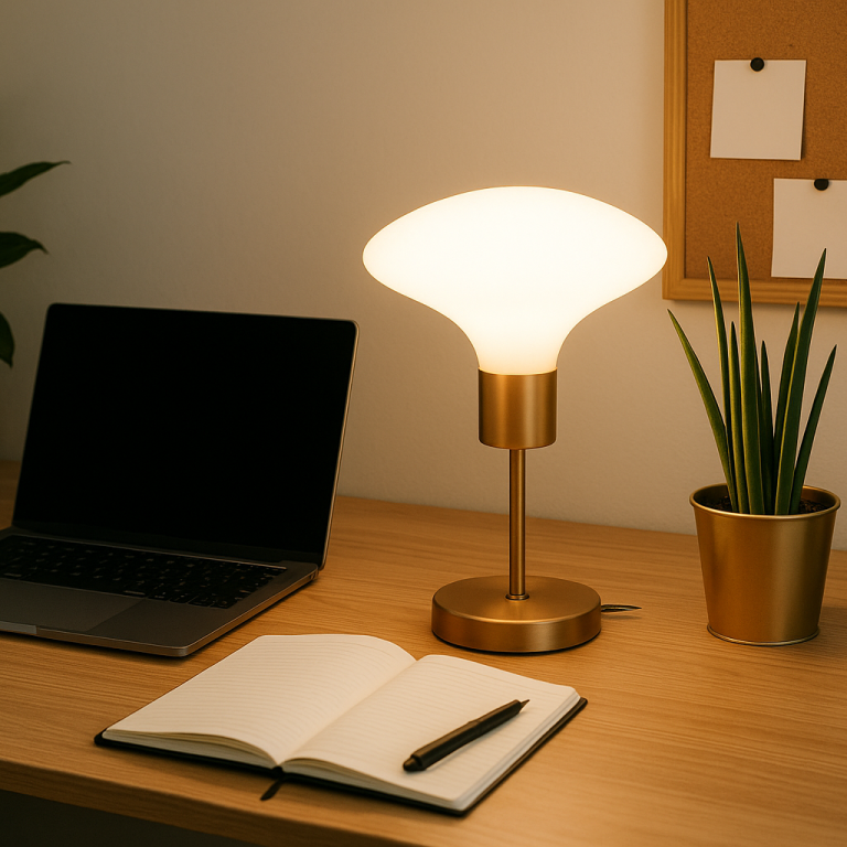 Schreibtisch mit Laptop, Notizbuch, Stift und eleganter Lampe. Grüne Pflanze im Hintergrund.