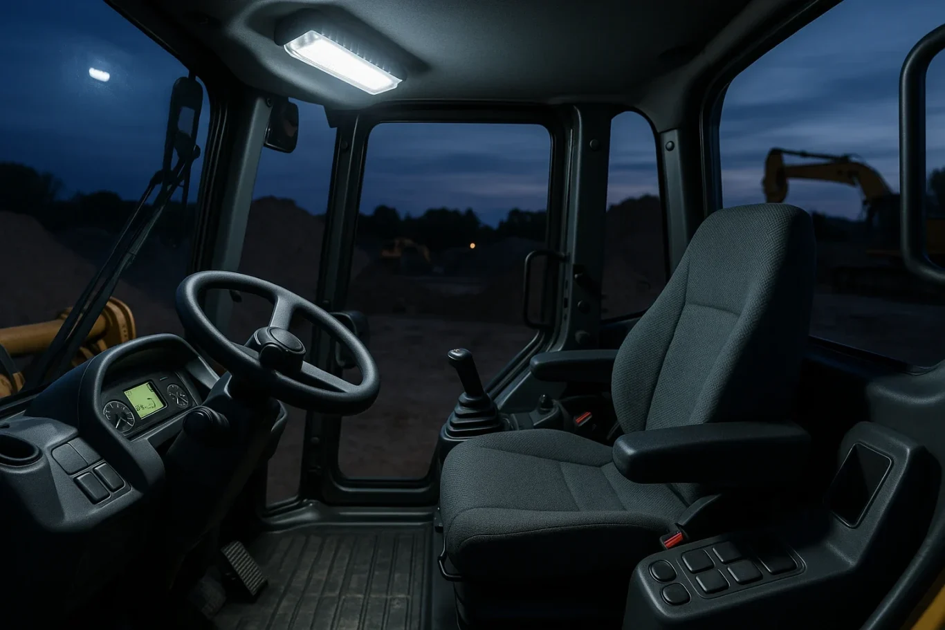 Fahrerkabine einer Baumaschine mit 12–24 V LED-Beleuchtung in kühlem Licht