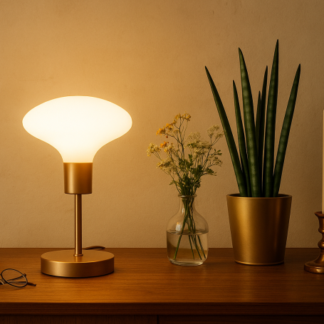Eine Lampe, eine Blume in einer Vase, ein Pflanze und eine Kerze auf einem Tisch.