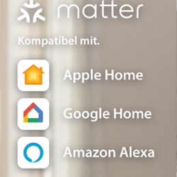 Logo von Matter mit Logos für Apple Home, Google Home und Amazon Alexa.