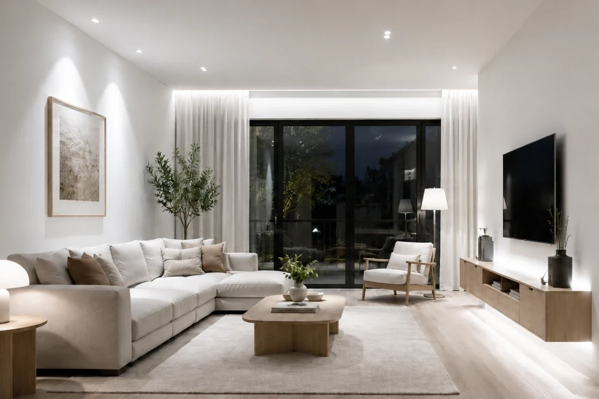 Modernes Wohnzimmer mit unterschiedlich hellen LED-Leuchten zur Veranschaulichung verschiedener Lumenwerte