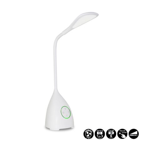 Weißer LED-Schreibtischlampe mit flexiblem Arm und Touch-Schalter.