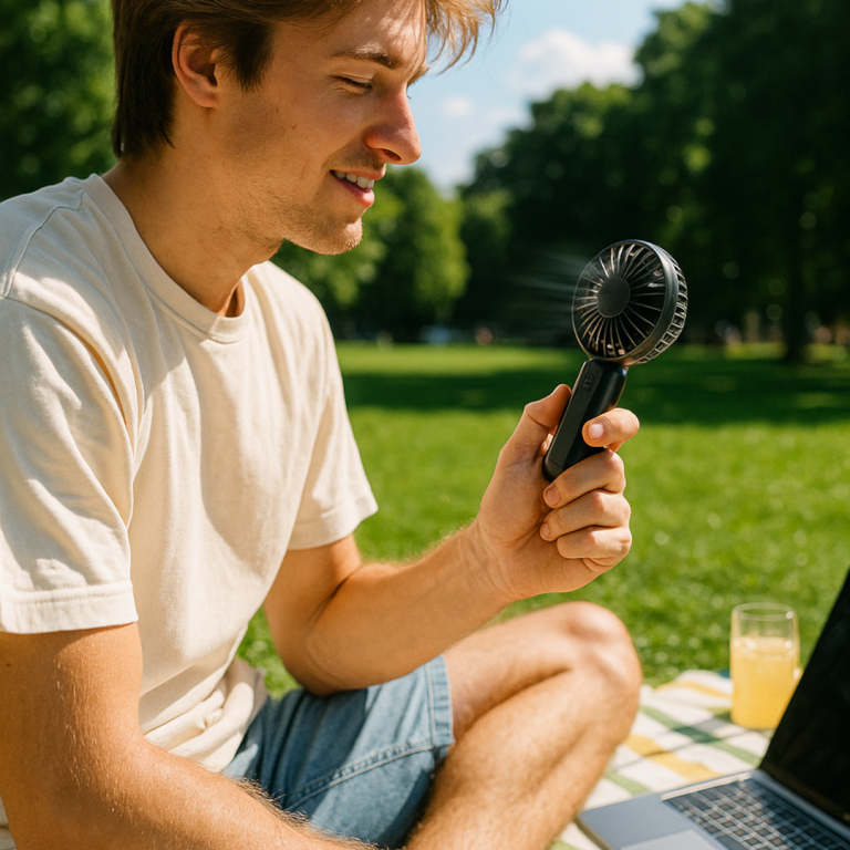 Junger Mann sitzt im Freien, hält ein Mikrofon und arbeitet am Laptop.