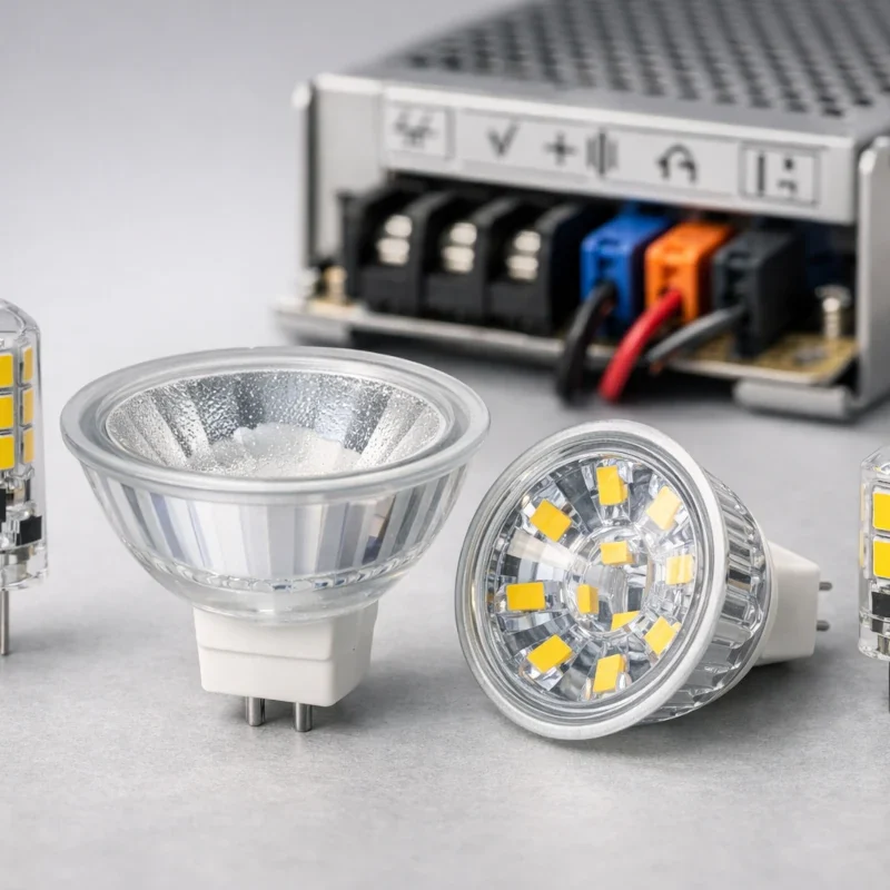 12V LED erklärt: Niedervolt-Leuchtmittel mit Trafo oder Netzteil richtig betreiben. Mehrere 12V LED-Leuchtmittel mit G4 und MR16 Sockel neben einem Niedervolt-Netzteil auf neutralem Hintergrund.