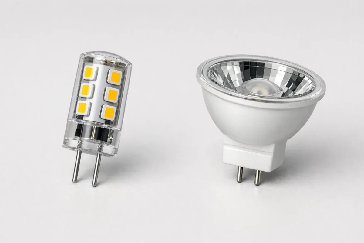 Vergleich G4 Stiftsockel und GU4 MR11 LED mit 4 mm Pin-Abstand nebeneinander